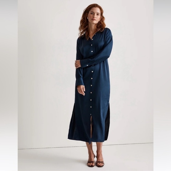 NWT Madewell Satin Button Front Midi Shirtdress Classic Indigo Blue Size 8 - Picture 1 of 15